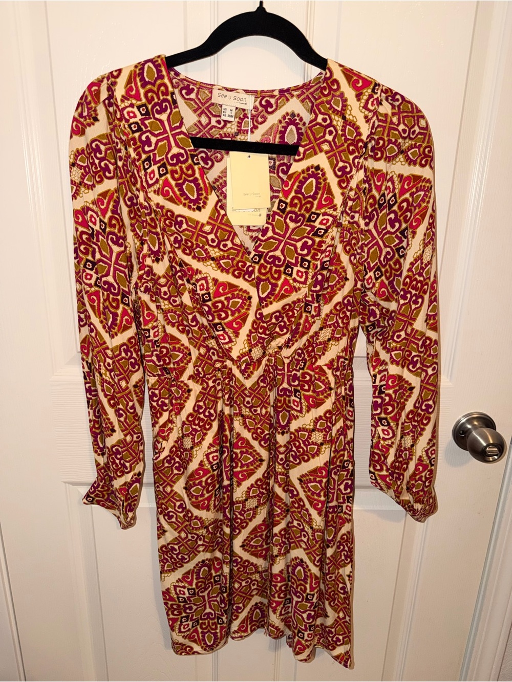 Boutique Cream Multi-Color Long Sleeve Wrap-Style Dress (NWT)